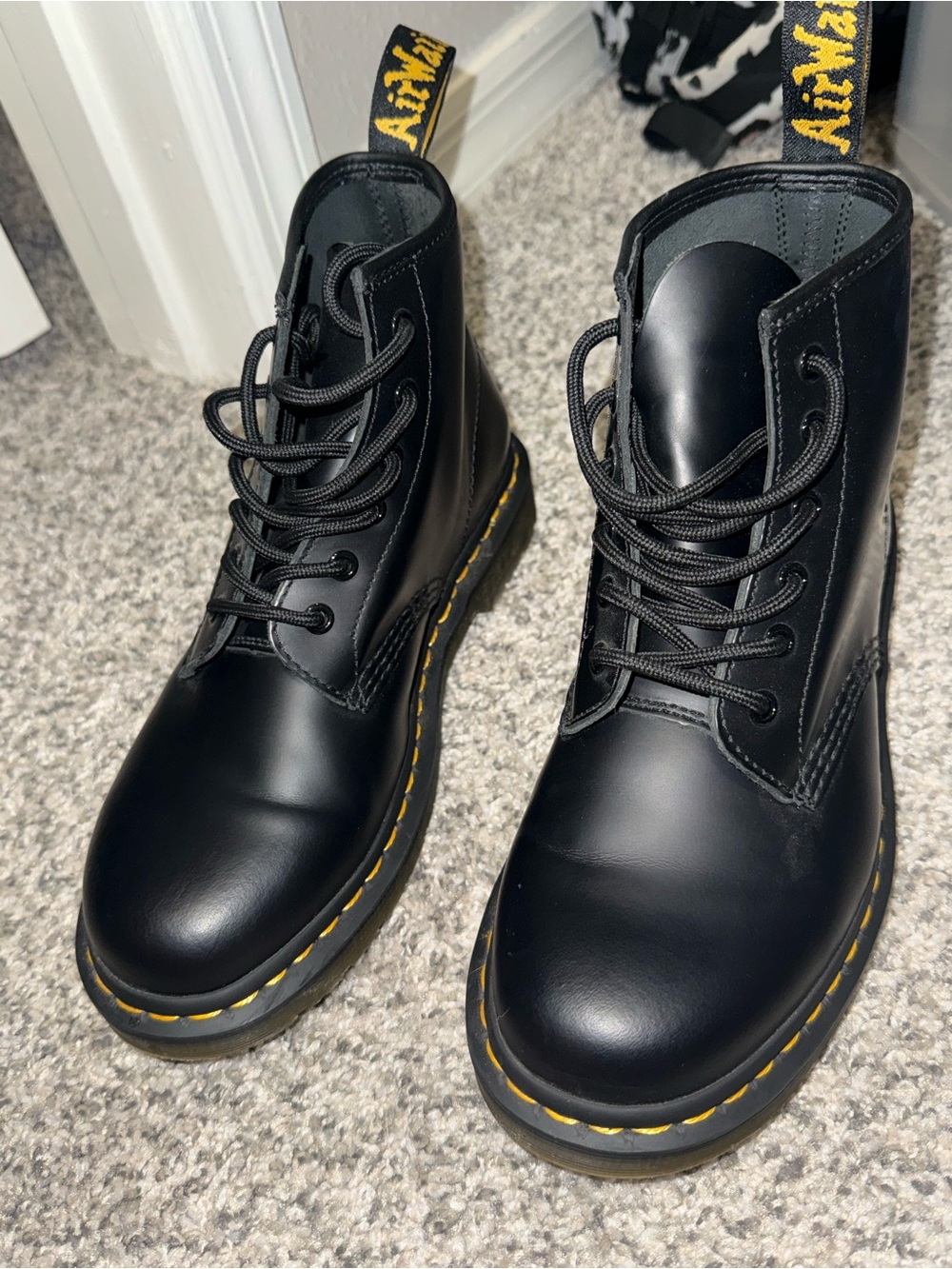 Dr. Martens Black Leather Lace-Up Boots with Yellow Stitching